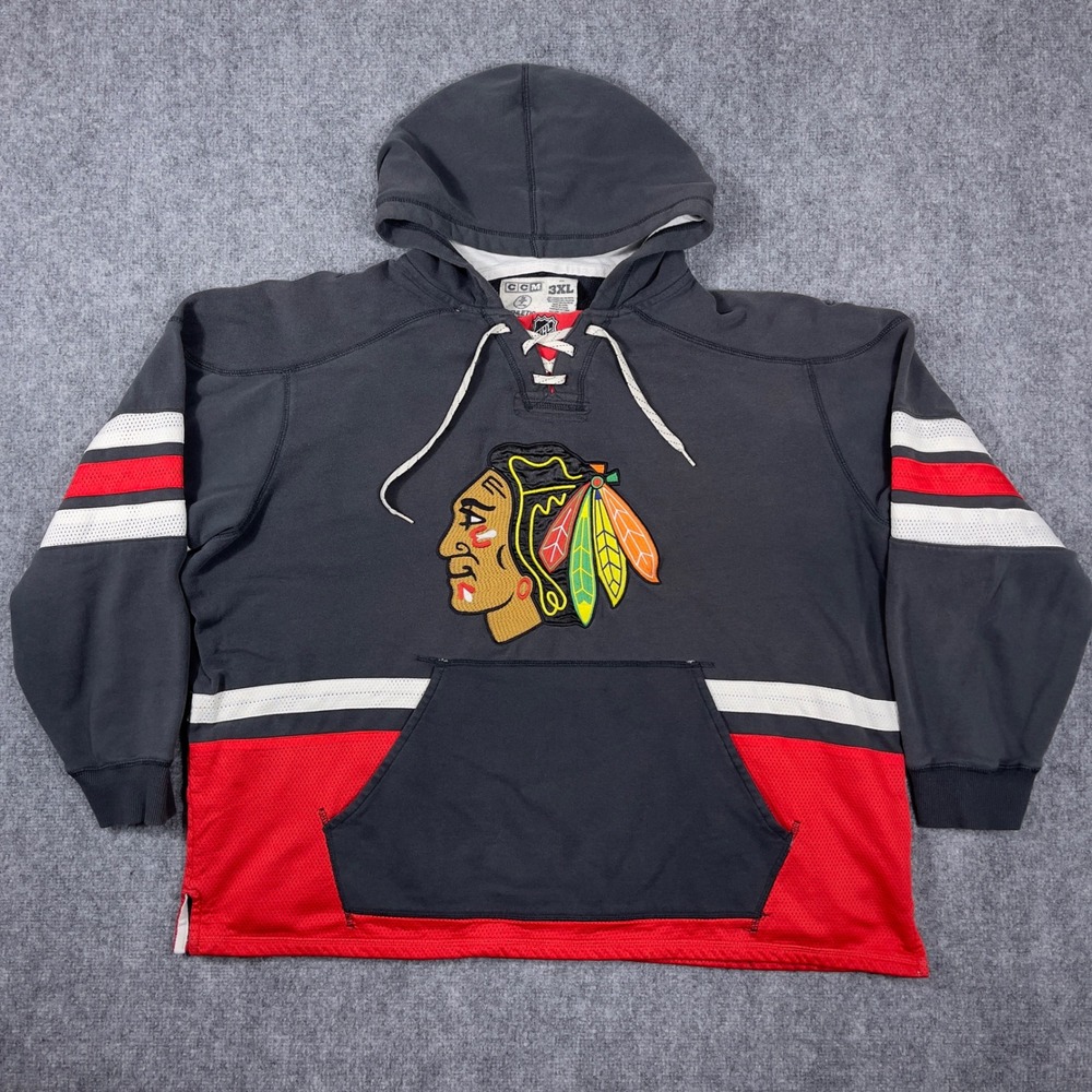 CCM Chicago Blackhawks Hoodie Mens 3XL Black Red Lace Up NHL Pullover